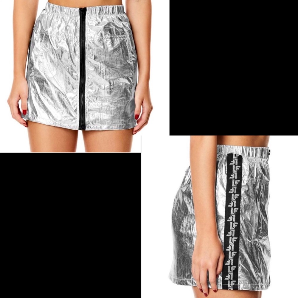LF Shiny Metallic Silver Zip Front Logo Skirt Lined Mesh Zip Back Elastic Waist